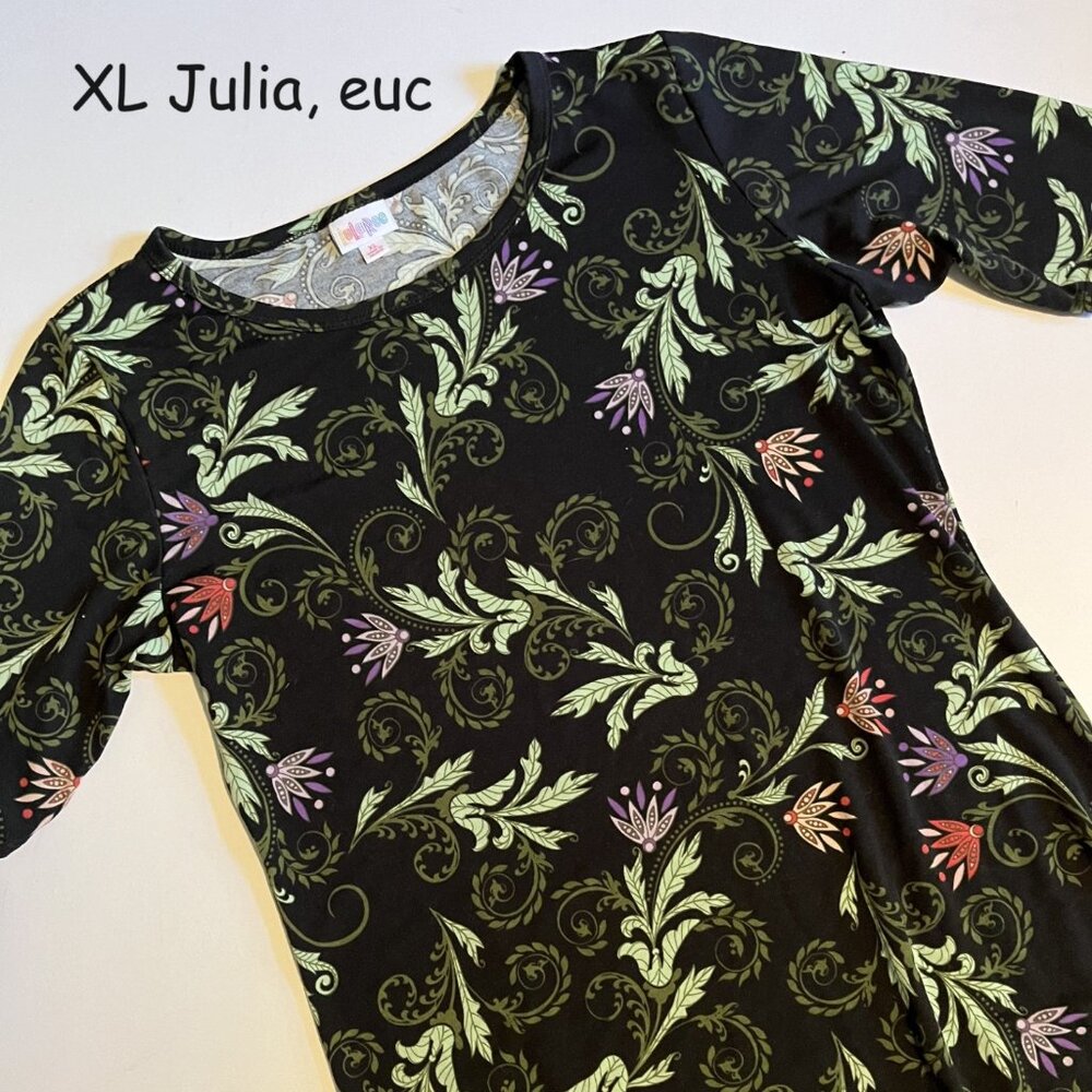 XL Lularoe Julia sheath dress, black with green swirly leaves, purple red floral